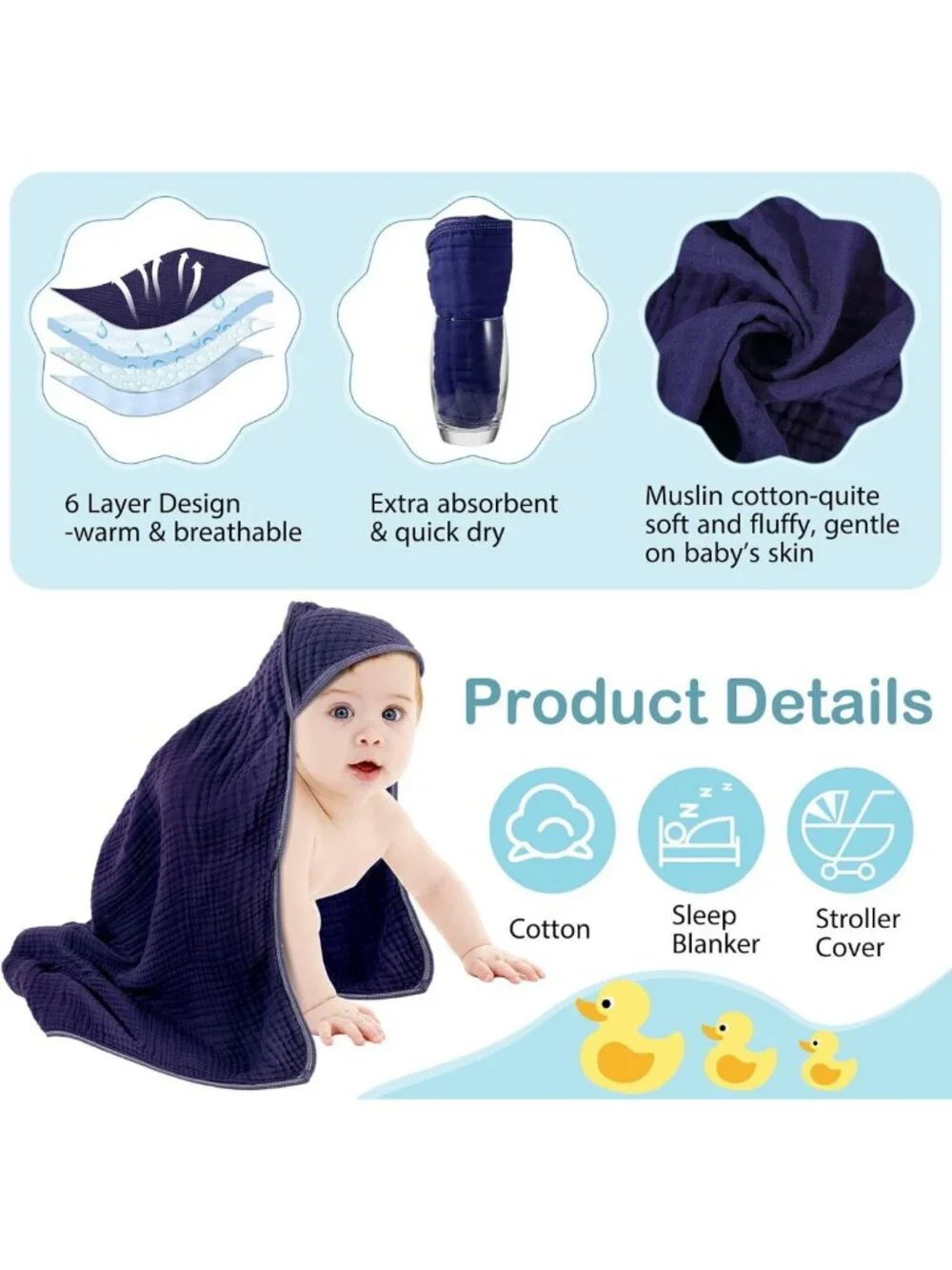 Soft Cotton Muslin Hooded Baby Towels - 6 Pack, Adorable Blue Color, Quick-Dry